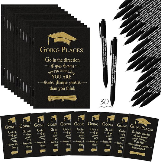 Kosiz 60 Pcs Graduation Gifts Motivational Mini Journal Inspirational Bamboo Pen Kraft Notebooks Bulk Wooden Retractable Ballpoint Pen for Class of 2025 College Gifts (Black)