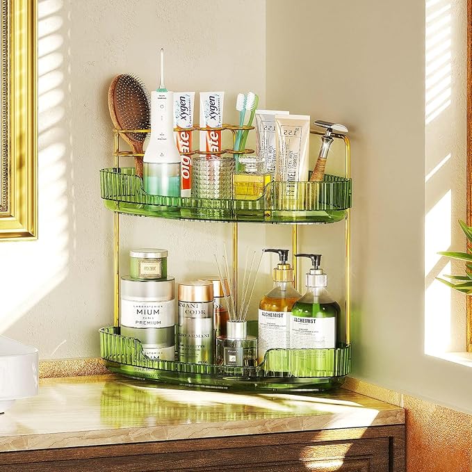 2-Tier Corner Bathroom Counter Organizer Makeup Cosmetic Storage, Tool-Free Installation Acrylic Vanity Shelf, Skin Care Organizer Perfume Tray for Countertop Bathroom, Dresser, Kitchen (Green)
