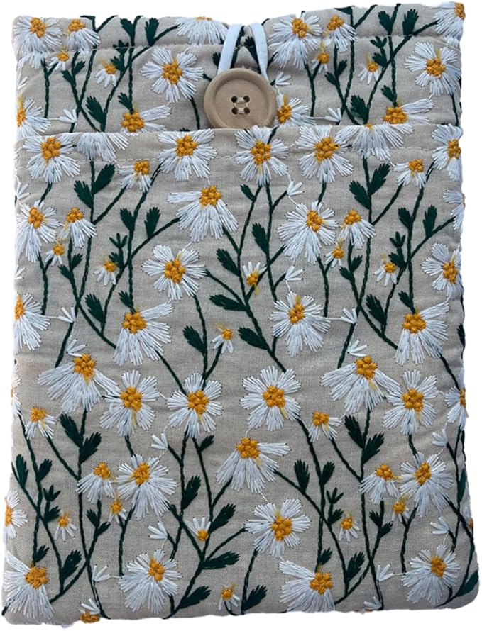 Embroidered White Daisy Book Sleeve. Book Cover/Protector