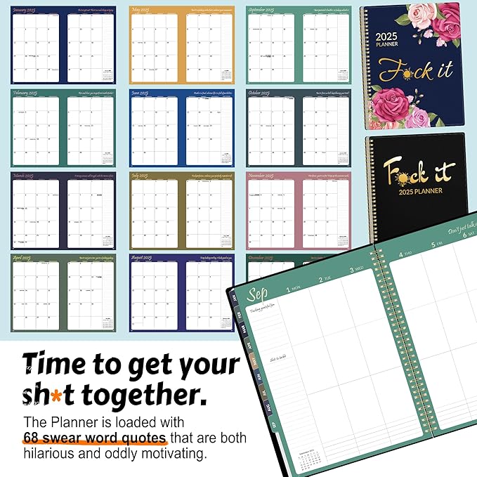 2025 Fuck It Planner for Tired-Ass Women, 8.5" x 11", 12 Months Funny Weekly Organizer With Sweary and Badass Affirmation, White Elephant Gifts for Adults Funny, JAN - DEC 2025, Black