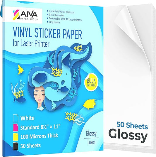 Printable Vinyl Sticker Paper for Laser Printer - Glossy White - 50 Self-Adhesive Sheets - Waterproof Decal Paper - Standard Letter Size 8.5"x11"