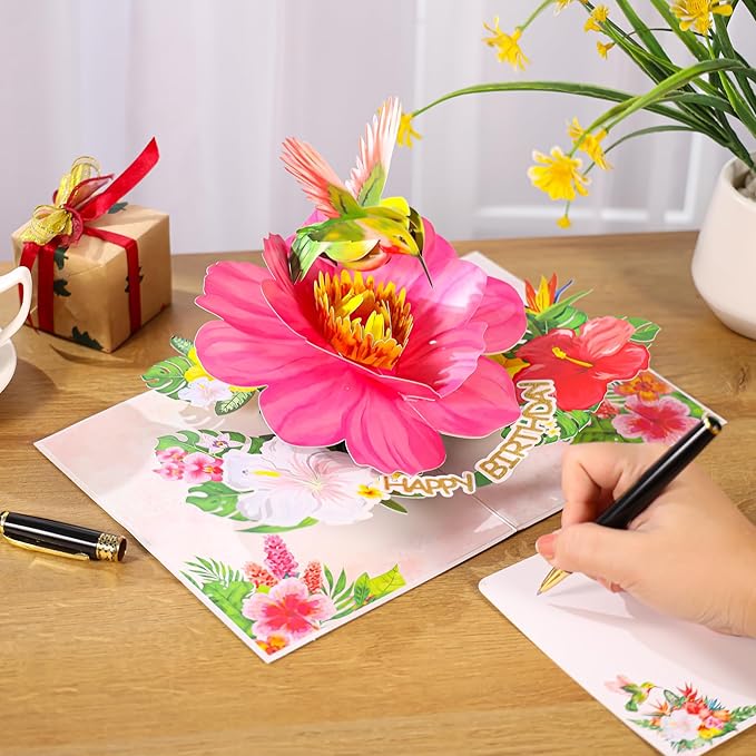 Hummingbird Pop Up Birthday Cards for Women, Beautiful Hummingbird on Flowers, Elegant, Floral 3D Happy Birthday Greeting Cards, Ideal Gift for Mom, Sister, Her, Grandma, Aunt, Daughter, Stepmother