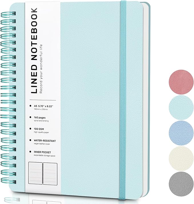 Light Green Lined Spiral Journal Notebook with 160 Pages, 8×5.7in, A5 Spiral Notebook, Journaling Notebooks for Work, School, Women, Men, College Ruled Spiral Notebook, Hardcover Leather Journals