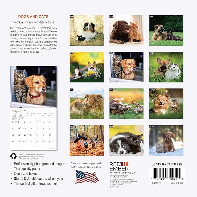 RED EMBER Dogs & Cats 2025 Wall Calendar 12 Month | 12" x 24" Open | Thick & Sturdy Paper | Giftable | Calendar 2025