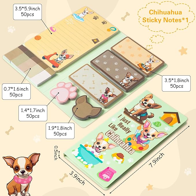 B1ykin Sticky Notes Set - Cartoon Theme Cute Self-Stick Notes Pad Teacher Appreciation Gifts， Self-Adhesive Writing Memo Pages Sticky to Do Notepad for Kids Employee School Office (Chihuahua)