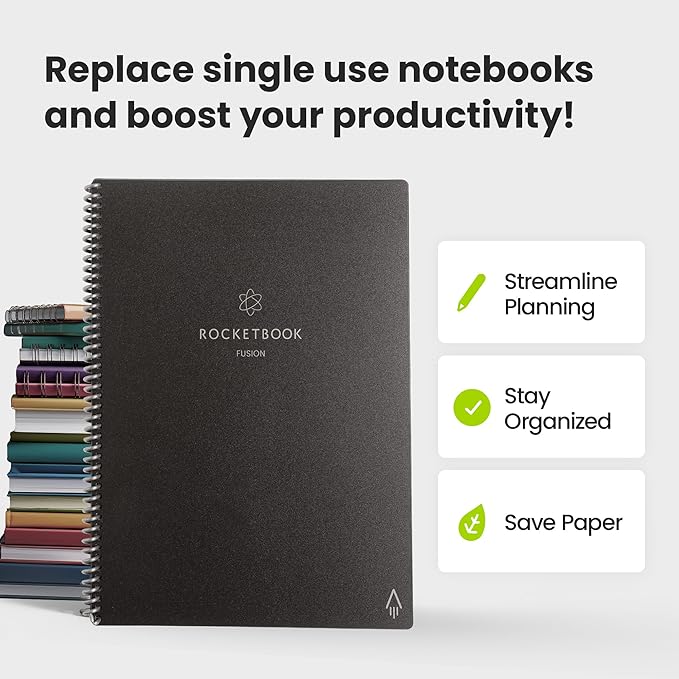Rocketbook Fusion Reusable Undated Productivity Planner, Letter Size 8.5x11, Navy Blue - Goals, Monthly and Weekly Calendar, Daily To-do List, Lined and Dotted Notes Pages