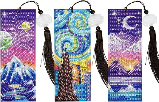 Anseal 3 Pcs 5D Diamond Bookmarks Painting for Adults, Starry Night PU Leather Diamond Art Kits for Adults, Tassel Beaded Book Mark for Graduation Birthday Reading Present