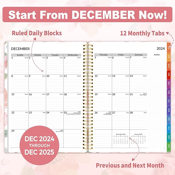 SUNEE 2025 Weekly and Monthly Planner - from January 2025 - December 2025, 8.5"x11" Daily Agenda Planner with Monthly Tab, Flexible Cover, Note Pages, Pockets, Bookmark, Spiral Binding, Floral