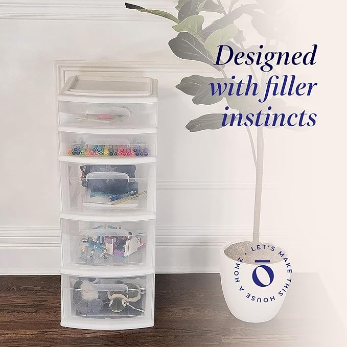HOMZ 2-Pack 5-Drawer Storage Unit, Home & Office Plastic Organizer, White Frame