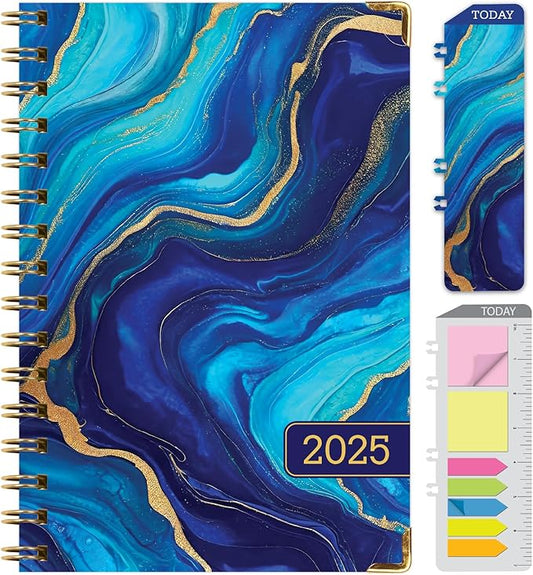 HARDCOVER 2025 Planner, 5.5"x8": 14 Months (November 2024 - December 2025), Daily Weekly Monthly Planner, Yearly Agenda, Bookmark, Pocket Folder and Sticky Note Set (Dark Blue Marble)