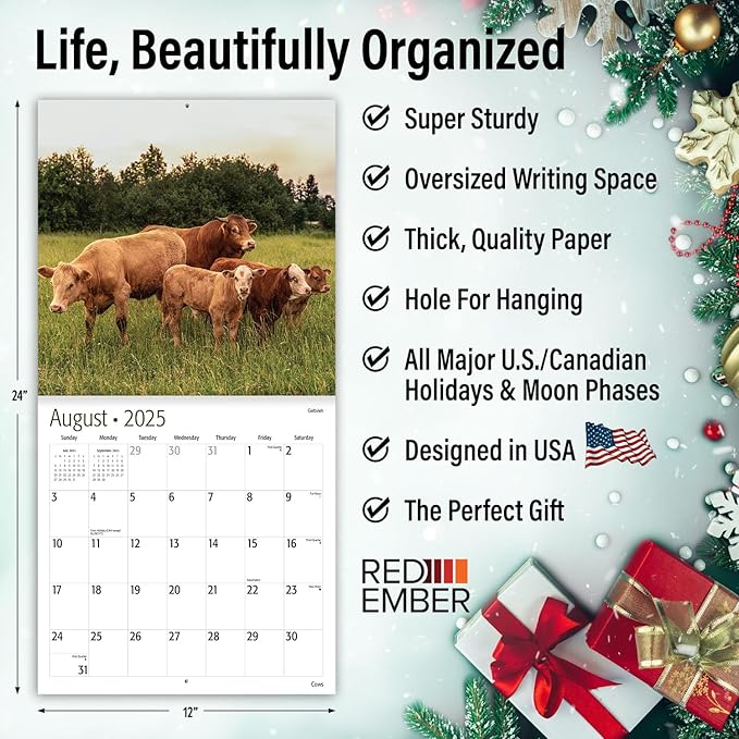 RED EMBER Cows 2025 Wall Calendar 12 Month | 12" x 24" Open | Thick & Sturdy Paper | Giftable | Calendar 2025