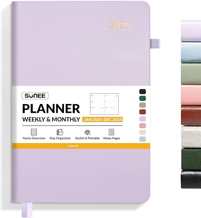 SUNEE 2025 Weekly & Monthly Hardcover Planner 5.5" x 8.3" - 12 Month (January 2025 - December 2025), Small Hardcover Planner, Pocket, Notes, 100 GSM Paper, Purple