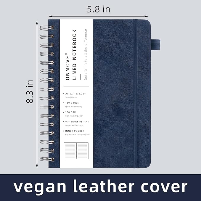 Lined Spiral Notebook Journal for Women Men 160 Pages A5 College Ruled Hardcover Leather with Pen Holder Notebook Journals for Note Taking Work Navy Blue