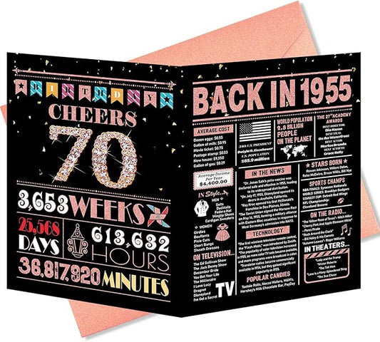 70th Birthday Card, 70th Birthday Decorations for Women, 70th Birthday Gifts for Mom, Back in 1955 Birthday Card, Rose Gold