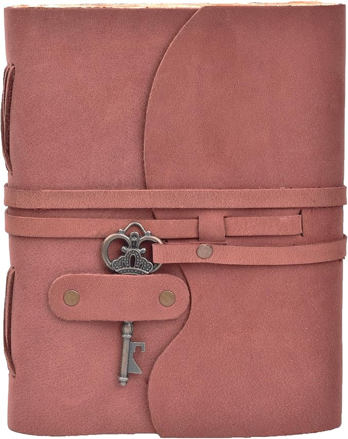 LEATHER VILLAGE Vintage Leather Journal – 200 Handmade Vintage Deckle Edge Paper – Leather bound Journal For Women Men – Vintage Key Closure - Book of Shadows - Red Brown - 10X7 inches
