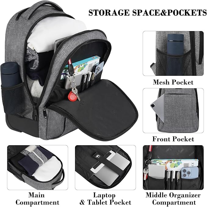 MATEIN Rolling Backpack with Wheels, Water Resistant Travel Laptop Backpacks for Women Men, Large College Wheeled Backpack for Adult, 17 Inch Roller Computer Bag, Carry On Luggage for Airplanes, Grey