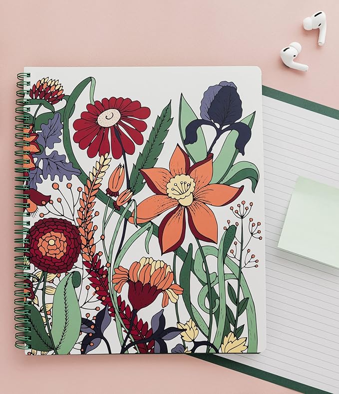 Steel Mill & Co Cute Large Spiral Notebook College Ruled, 11" x 9.5" with Durable Hardcover and 160 Lined Pages, Garden Floral