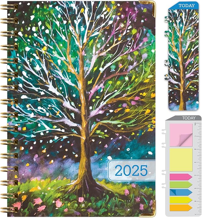 HARDCOVER 2025 Planner, 5.5"x8": 14 Months (November 2024 - December 2025), Daily Weekly Monthly Planner, Yearly Agenda, Bookmark, Pocket Folder and Sticky Note Set (Black Tree Seasons)
