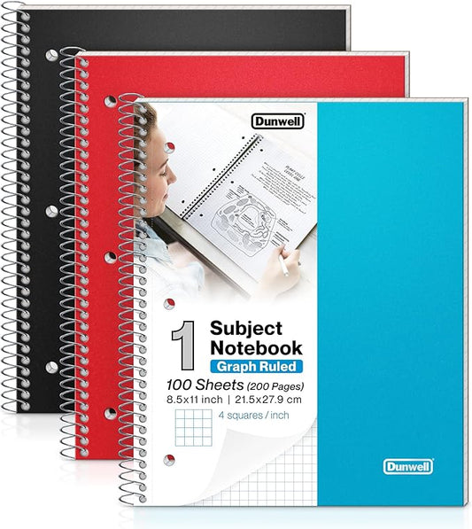 Dunwell Graph Paper Notebook 8.5 x 11 (3-Pack Red Blue Black) Plastic Cover, 100 Sheets (200 Pages), Perforated 3-Hole Punched, 4x4 Squares, Spiral Notebook, 1/4" Grid, Divider with Pockets