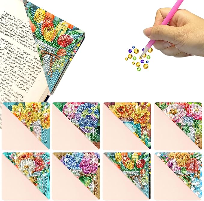 Diamond Art Painting Bookmarks,8Pcs DIY Cute Diamond Art Kits for Adults, Corner Bookmarks Small Crafts Kit for Women Book Lovers (Vase Flower)