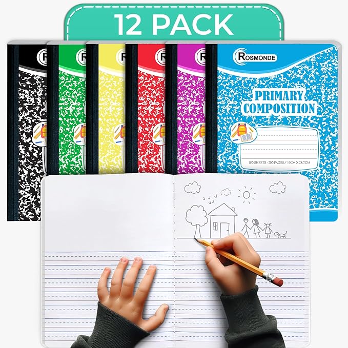 Composition Notebooks Primary Ruled, 12 Pack, 200 Pages (100 Sheets), Draw and Write Journal, Primary Composition Notebook for Kids, Grades K-2 School Supplies, Hard Cover, Assorted Colors