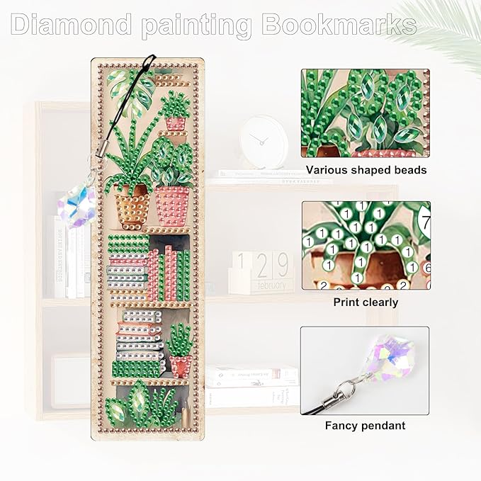 4 Pieces Diamond Painting Bookmarks for Adults Plant Bookshelf Design 5D Rhinestone Art Bookmark Kits Beautiful DIY Diamond Art Bookmarks with Tassels Crafts Gifts Supplies