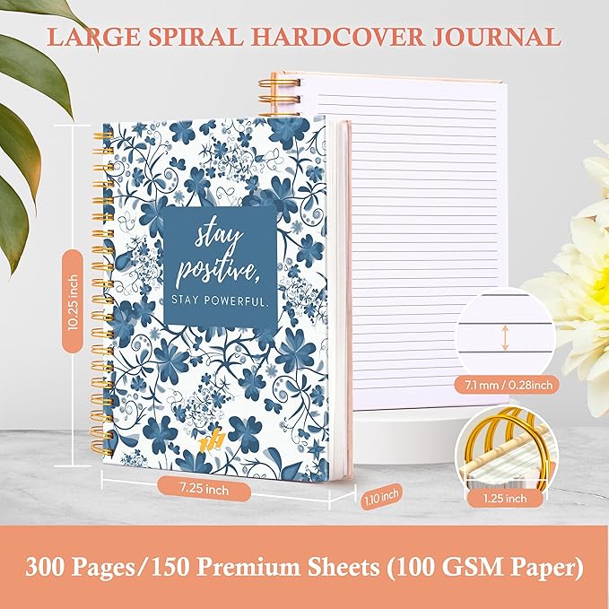 Hardcover Spiral Journal, 10.25" x 7.25", 300 Pages Large College Ruled Notebook for Women, Ideal for Writing, Journaling, Note-Taking, Work, School