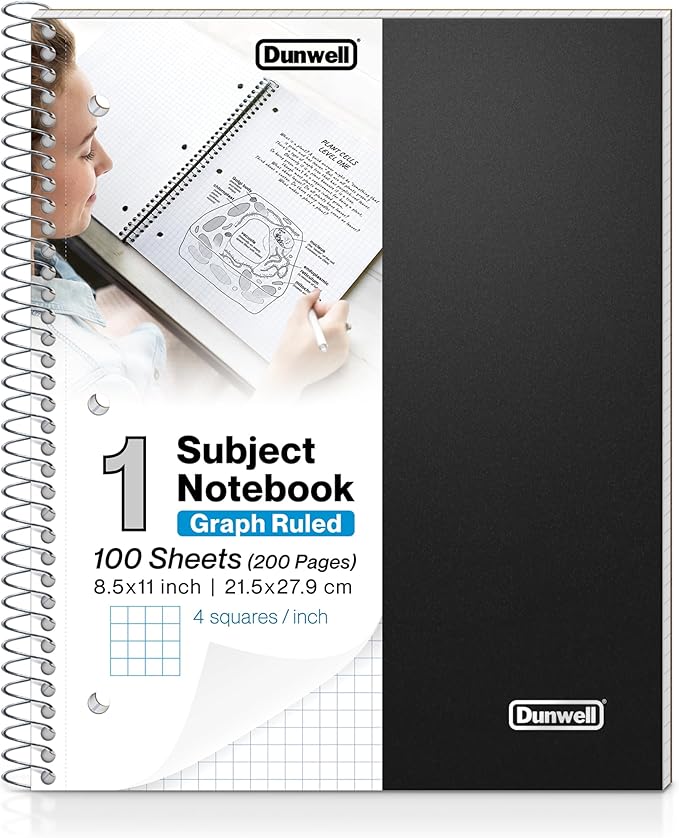 Dunwell Graph Paper Notebook 8.5 x 11 (Black) Plastic Cover, 100 Sheets (200 Pages), 4x4 Squares, 1 Subject Graph Paper Spiral Notebook, 1/4" Grid, Pocket Divider, Easy Tear-Off, 3-Hole Punched