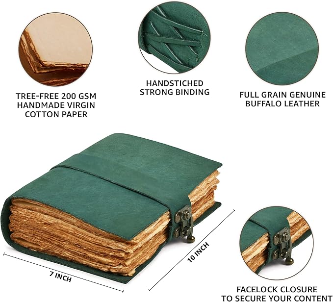 LEATHER VILLAGE Leather Bound Vintage Journal for Women & Men - Book of Shadows - Lock Closure - 200 Pages of Antique Deckle Edges Handmade Paper - Turquoise Color - 10 X 7 inches