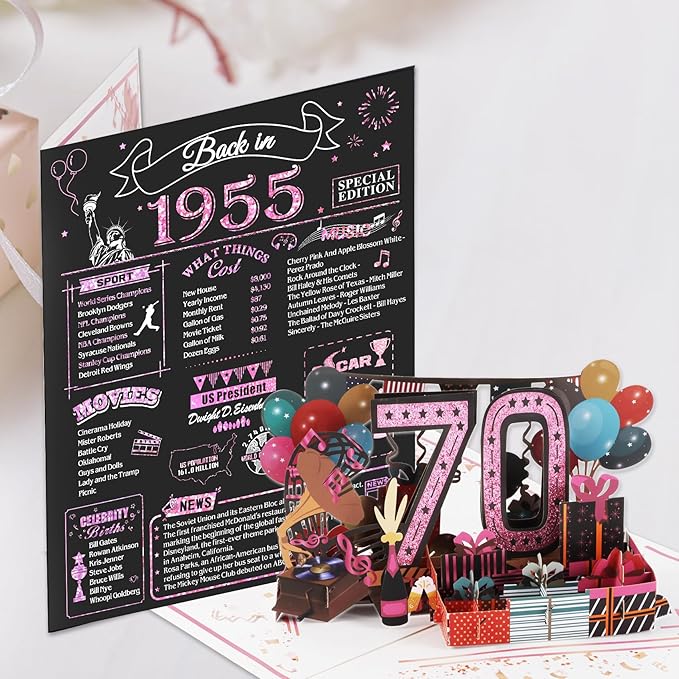 70th Birthday Card for Women, Jumbo 3D Pop Up 70th Birthday Gifts for Mom Grandma, Back In 1955 Happy 70 Year Old Sister Birthday Decorations Cards Card for Her, Rose Gold