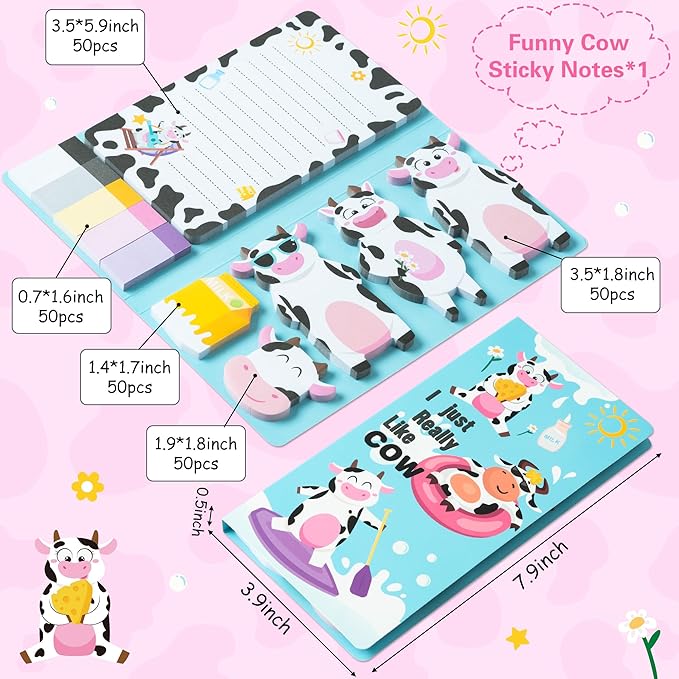 B1ykin Sticky Notes Set - Cartoon Theme Cute Self-Stick Notes Pad Teacher Appreciation Gifts， Self-Adhesive Writing Memo Pages Sticky to Do Notepad for Kids Employee School Office (Funny Cow)
