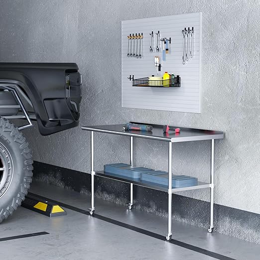 Stainless Steel Table with Wheels 24 x 60 Inches Metal Prep Table with Backsplash & Adjustable Undershelf for Commercial Kitchen, Outdoor, Restaurant, Hotel & Garage