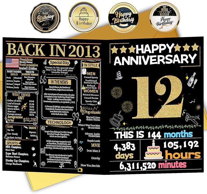 Joycard 12th Anniversary Card for Women Men, Gold Wedding Card for Wife Husband, Sweet Marriage Decorations Gifts for Couple, Perfect for Her Him on Anniversary Day, Back in 2013