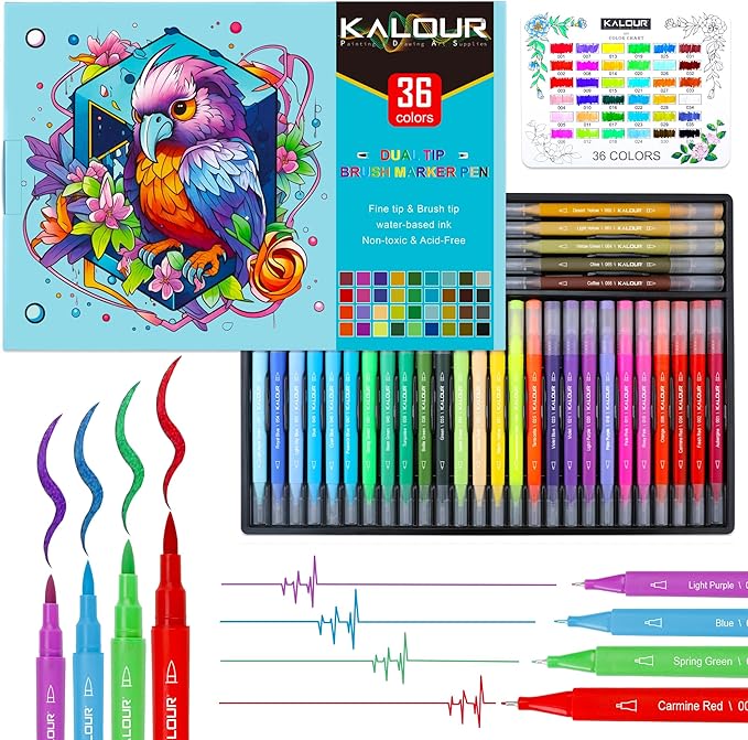 Kalour 36 Colors Art Markers Pens,Dual Tip (Brush and Fine Point),Color Number and Color Name,Art Marker for Coloring Lettering Calligraphy Drawing Journaling,Coloring Art Gift for Adult Beginner Kids