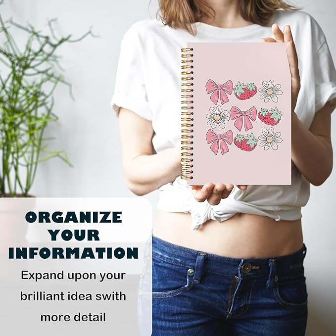 BearCake Spiral Notebook Journal For Women,Preppy Pink notebook gift,Aesthetic Notebooks,Bow composition notebook,Cute Strawberry Flower notebook,Pink Bow notebook,Spiral Notebook 5.5x8.3