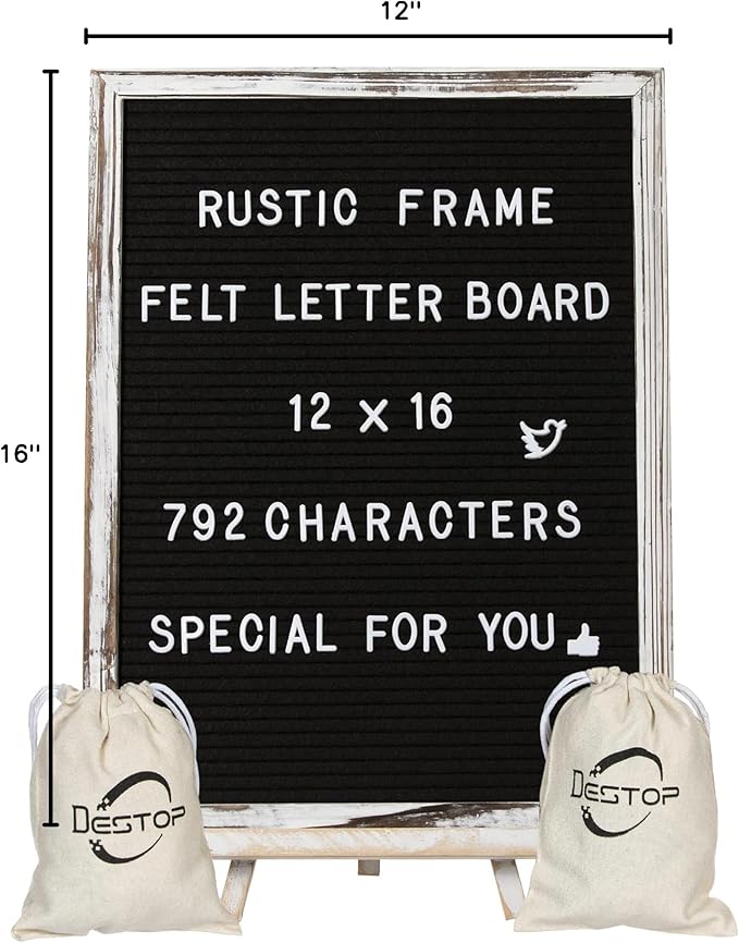 Felt Letter Board with Rustic Vintage Frame and Stand 12x16 inch,Black Changeable Letter and Message Board Includes 792 Letters, Numbers and Symbols, Hook to Hang, 2 Canvas Bags