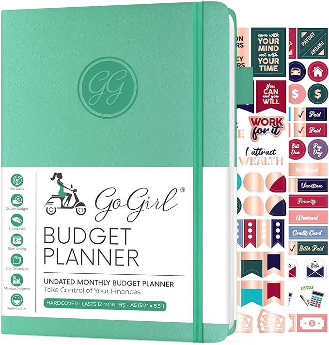 GoGirl Budget Planner – Monthly Financial Planner Organizer Budget Book. Expense Tracker Notebook Journal to Control Money, A5 (Emerald)