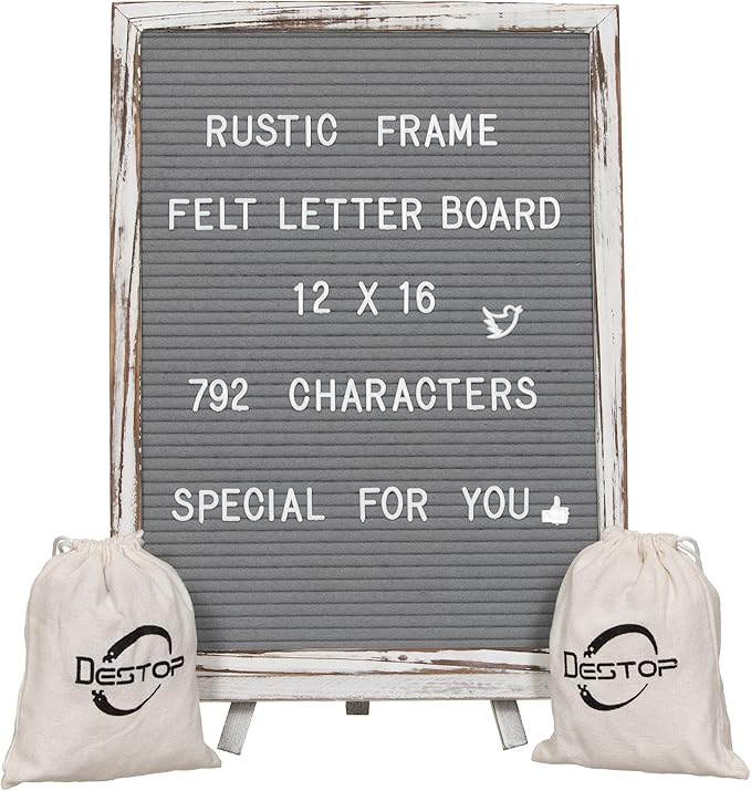 Felt Letter Board with Rustic Vintage Frame and Stand 12x16 inch,Grey Changeable Letter and Message Board Includes 792 Letters, Numbers and Symbols, Hook to Hang, 2 Canvas Bags