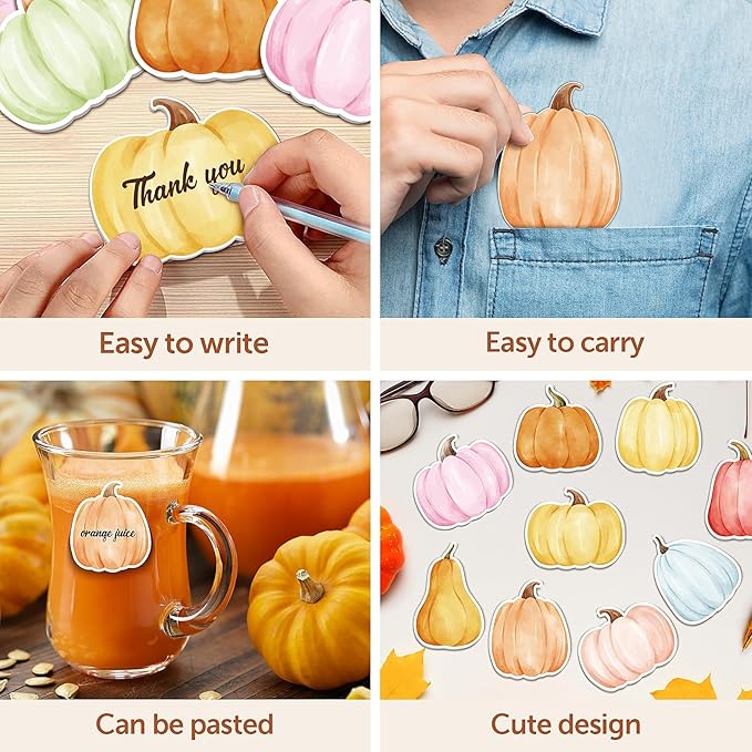 48Pcs Fall Boho Pumpkin Sticky Note Colorful Watercolor Pumpkin Shaped Self-Adhesive Removable Work-Study Memo Note for School Office Supplies Student and Teacher Gift 12 Style Total 20 Sheet Each