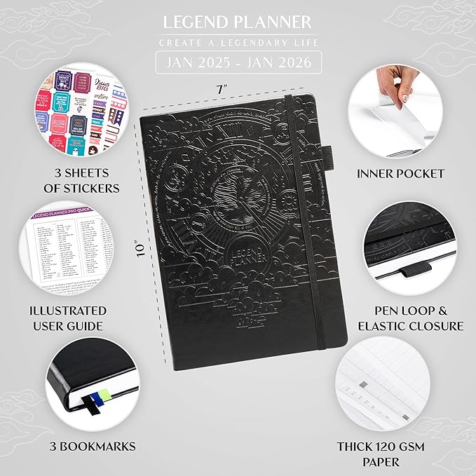 Legend Planner PRO Dated Jan 2025-Jan 2026 – Deluxe Weekly & Daily Organizer with Time Slots. Appointment Book Journal for Work & Time Management, A4 Hardcover (Black)