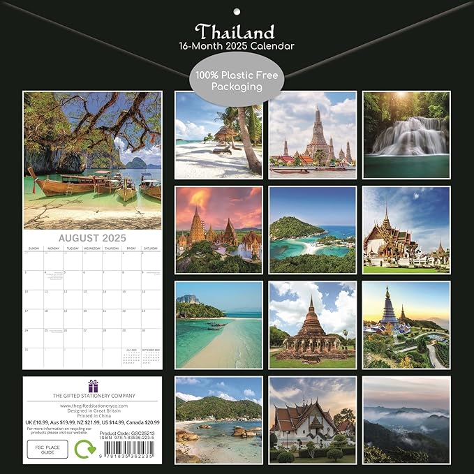 The Gifted Stationary 2025 Square Wall Calendar, Thailand, 16-Month Passport Collection Theme Hanging Calendar with 180 Reminder Stickers, Month Planner for Creative Spaces, 12x12 In