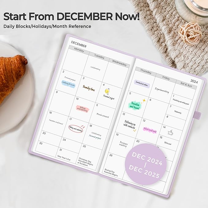 SUNEE 2025 Pocket Weekly Planner for Purse 3.5" x 6" - 12 Month (January 2025 - December 2025), Pocket Size Planner, Hardcover, Notes, Pocket, 100 GSM Paper, Purple