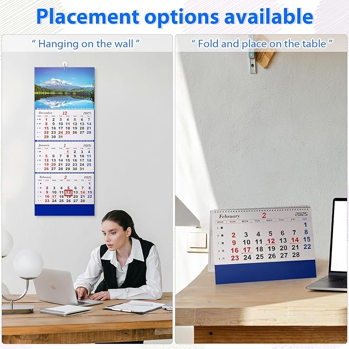 2025 Wall Calendar Large Wall Calendar 3 Month Display Vertical Calendar with Thick Paper 33" x 13" from Dec 2024 to Jan 2026 for Perfect Daily Planner (Blue-1)