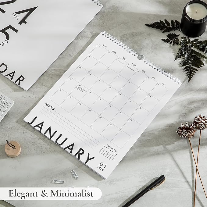Modern Vertical Wall Calendar 2024-2025 - 18 Month Calendar July 2024 - December 2025, 11x13.5 Inches Sleek Black & White Design with Spiral Twin-Wire Binding