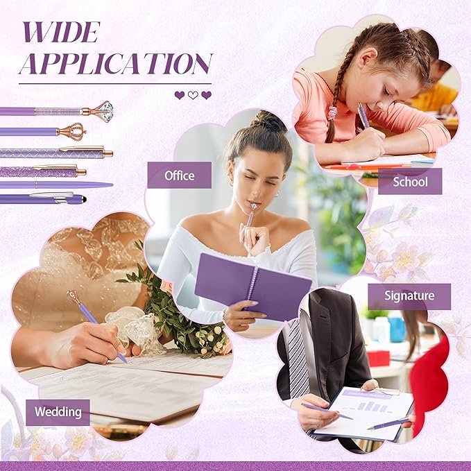 6 Pcs Ballpoint Pens Set Metal Crystal Diamond Pen for Journaling Glitter Pretty Cute Stationery Black Ink Fancy Gifts for Women Girls Teacher Office Wedding School Supplies(Purple Series)