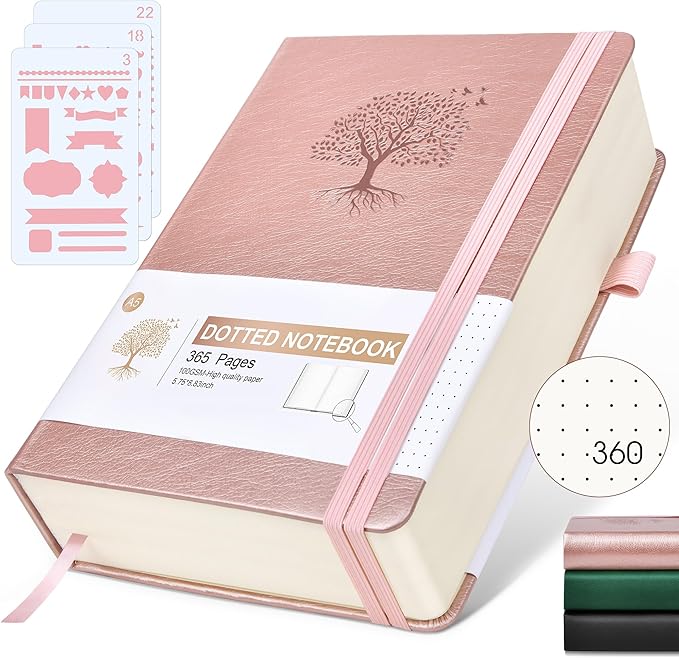 Dotted Journal Notebook, 360 Numbered Pages Bullet Journals, 100gsm Dot Paper Thick Hardcover Leather Journal for Writing Women Men,A5 Dotted Grid Notebooks for Work 5.75" x 8.38" Pink