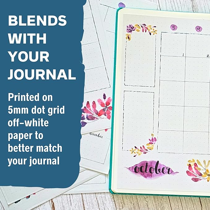 Undated Monthly Calendar Planner Stickers Compatible with A5 Bullet Dot Grid Journals (5.3 x 7.7") - 12-Month Calendars Cute Floral Illustrations, Flower Journal Supplies, Templates, Agenda Layouts