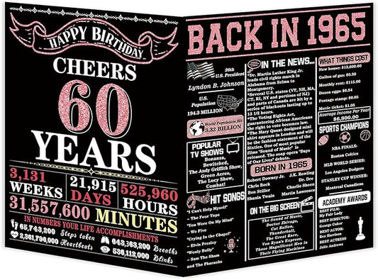YiKaLus Big 60th Birthday Card for Women, Vintage 60 Year Old Gifts for Mom Sister Friends, Rose Gold Back in 1965 Bday decorations