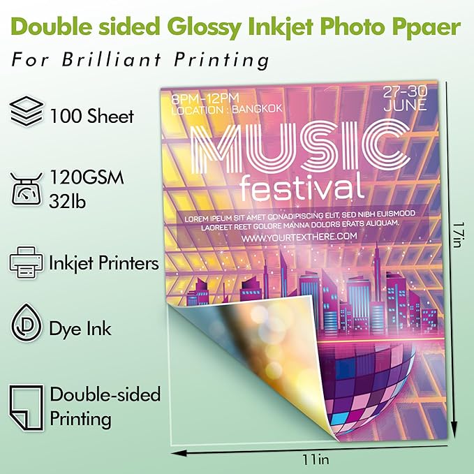 Koala Double Side Thin Glossy Photo Paper 11x17 Inches 120gsm 100 Sheets Compatible with Inkjet Printer and Dye Ink 32LB