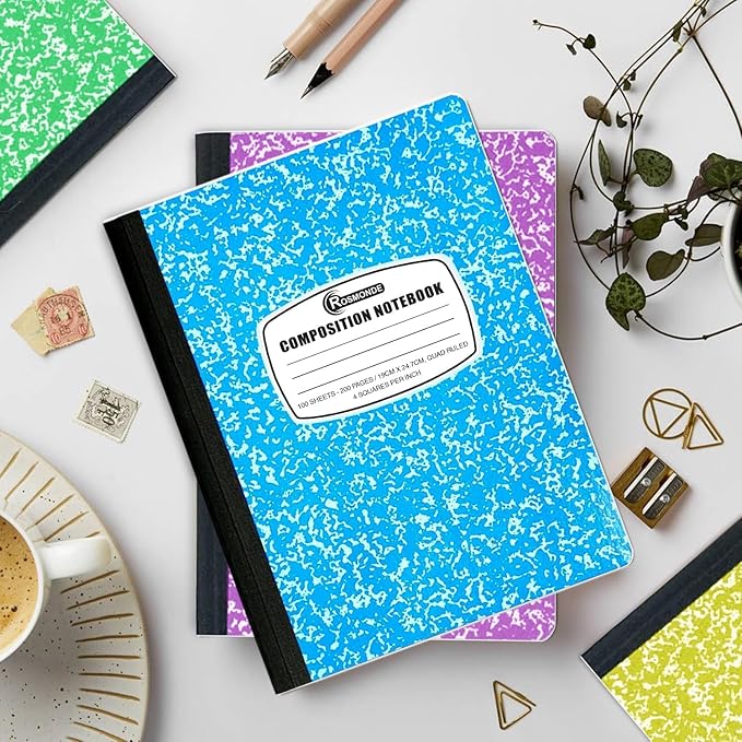 Composition Notebook Graph Paper, 5 Pack, 200 Pages (100 Sheets), Quad Ruled Composition Notebook, 4x4 Grid Graph Paper Composition Book, Assorted Colors, Hard Cover Graph Book, 9-3/4 x 7-1/2